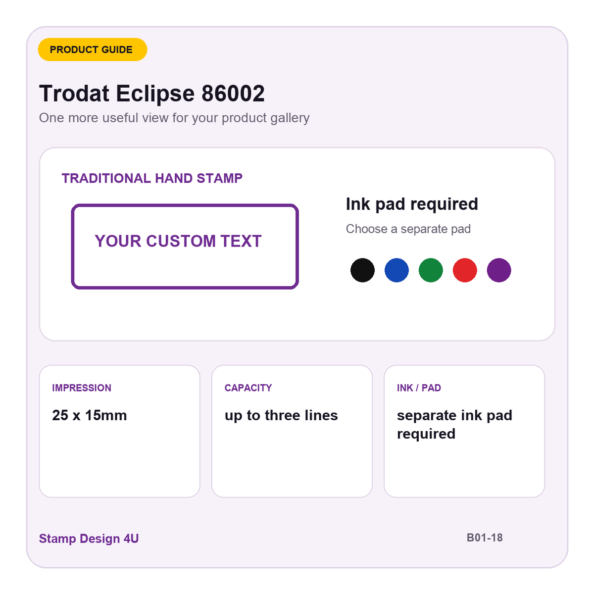 Trodat Eclipse 86002 buying guide showing 25 x 15mm impression and up to three lines