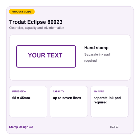 Trodat Eclipse 86023 buying guide showing 65 x 45mm impression and up to seven lines