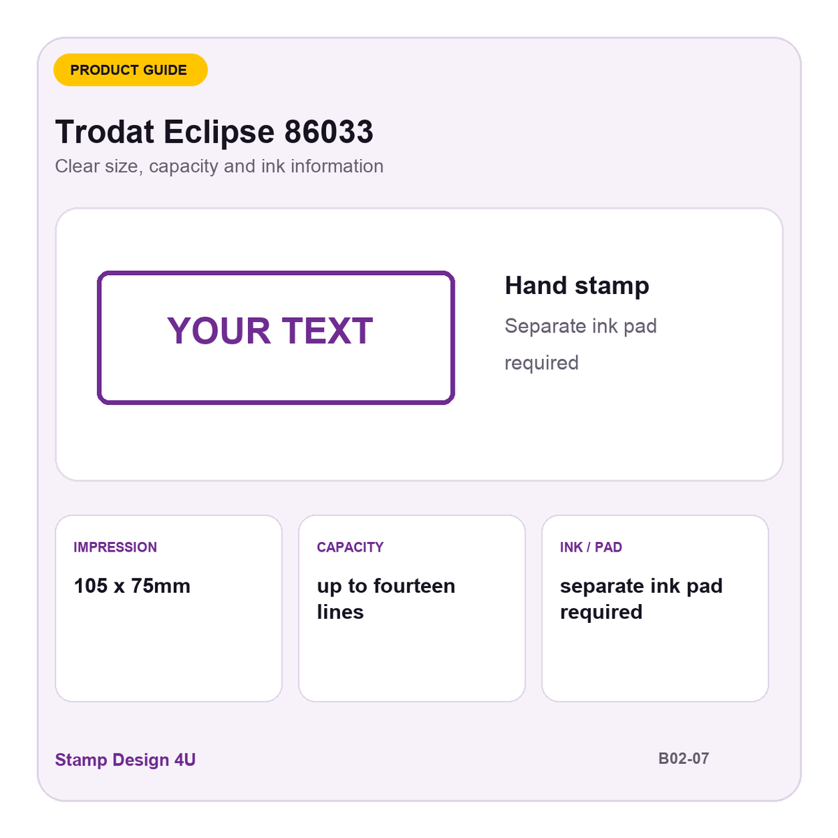 Trodat Eclipse 86033 buying guide showing 105 x 75mm impression and up to fourteen lines