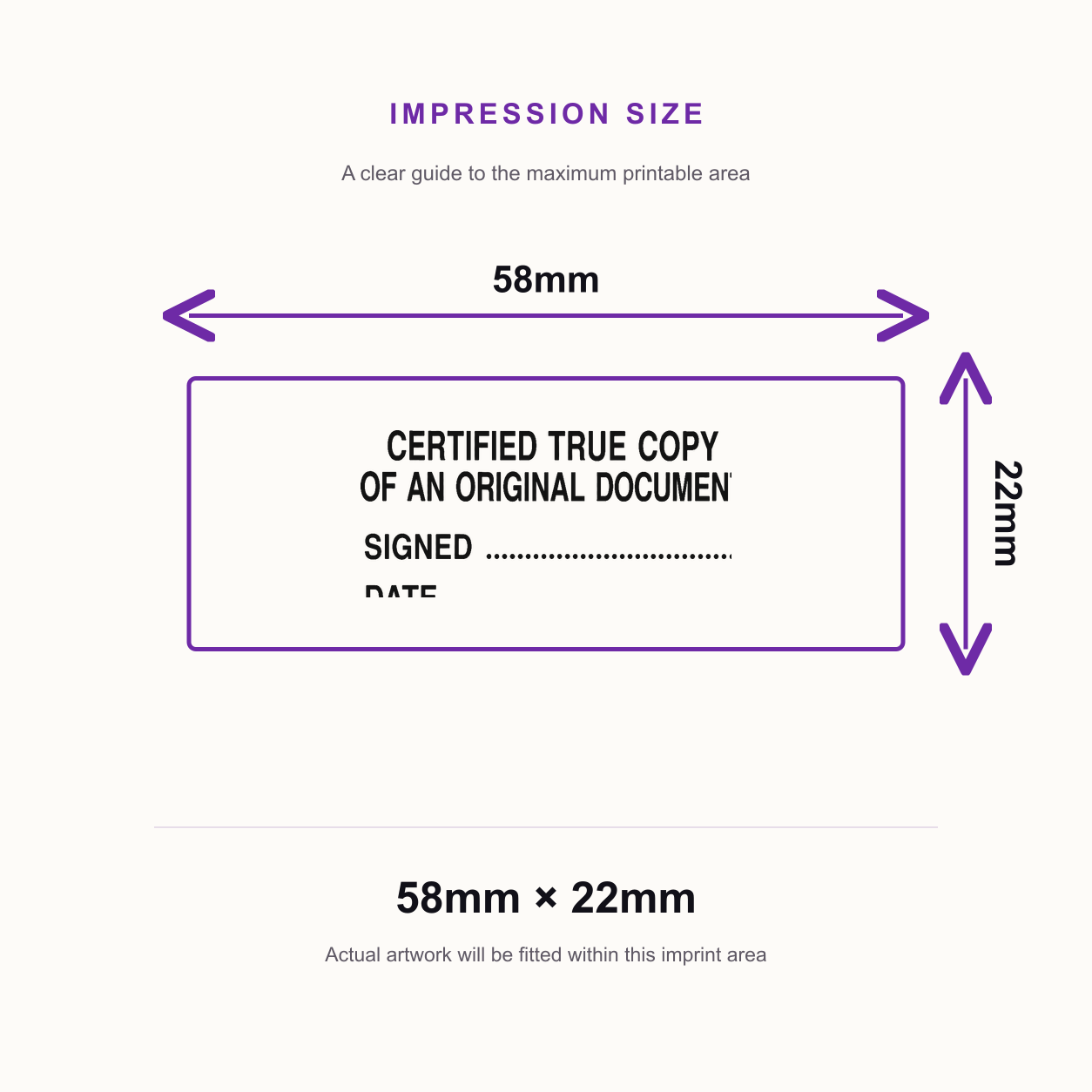 Certified True Copy Stamp | Certified True Copy of Original Document Rubber Stamp | Solicitor, Legal & Office Use – impression size guide 58mm × 22mm