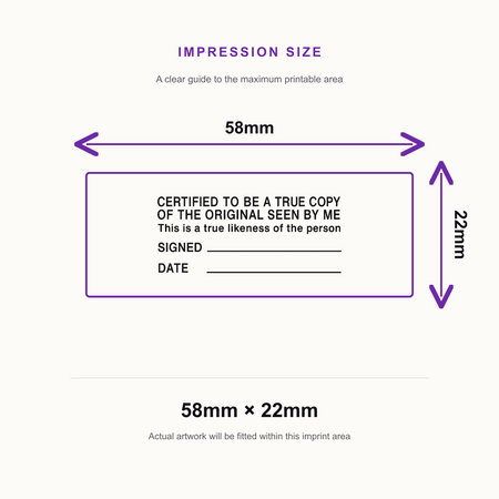 Certified Original True Copy & True Likeness Stamp | Document & Identity Verification Rubber Stamp | Legal, Compliance & – impression size guide 58mm × 22mm