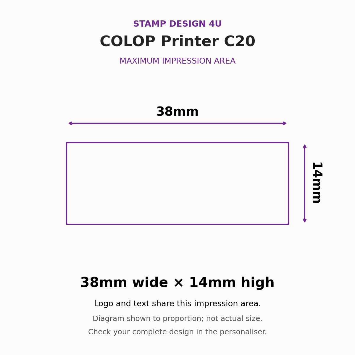 COLOP Printer C20 maximum impression area, 38mm wide by 14mm high; proportion diagram, not actual size