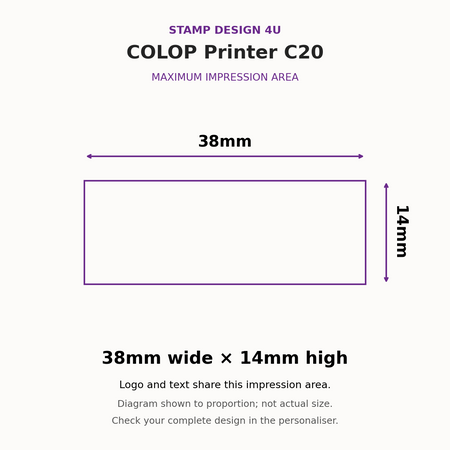 COLOP Printer C20 maximum impression area, 38mm wide by 14mm high; proportion diagram, not actual size