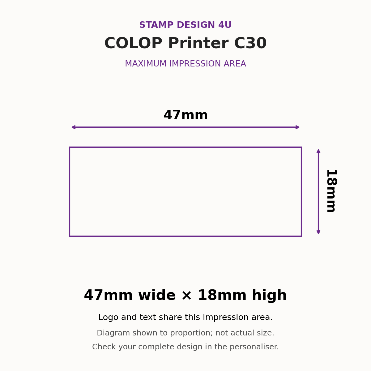 COLOP Printer C30 maximum impression area, 47mm wide by 18mm high; proportion diagram, not actual size