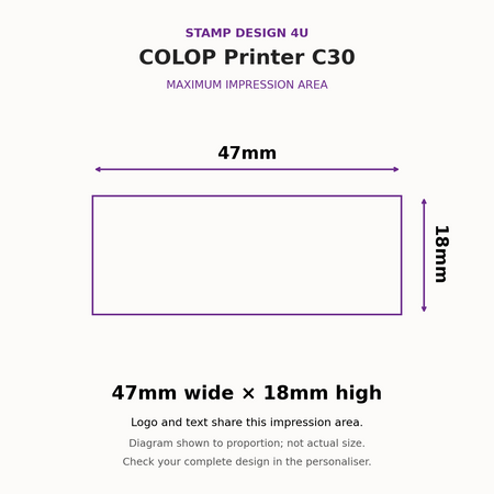 COLOP Printer C30 maximum impression area, 47mm wide by 18mm high; proportion diagram, not actual size