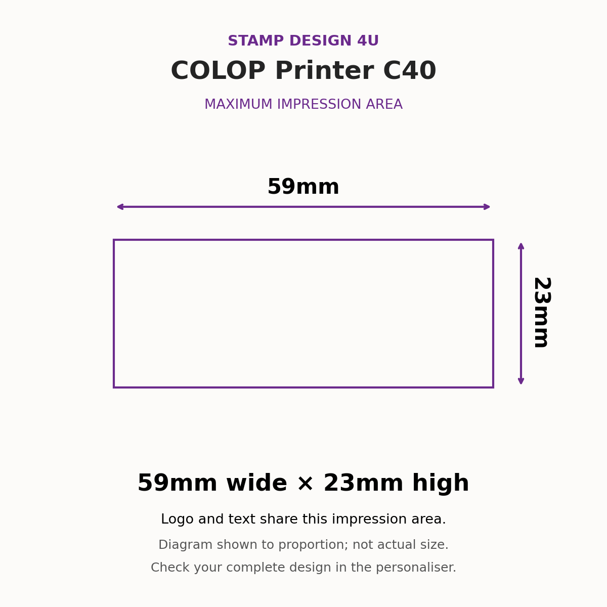 COLOP Printer C40 maximum impression area, 59mm wide by 23mm high; proportion diagram, not actual size