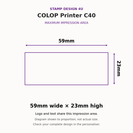 COLOP Printer C40 maximum impression area, 59mm wide by 23mm high; proportion diagram, not actual size