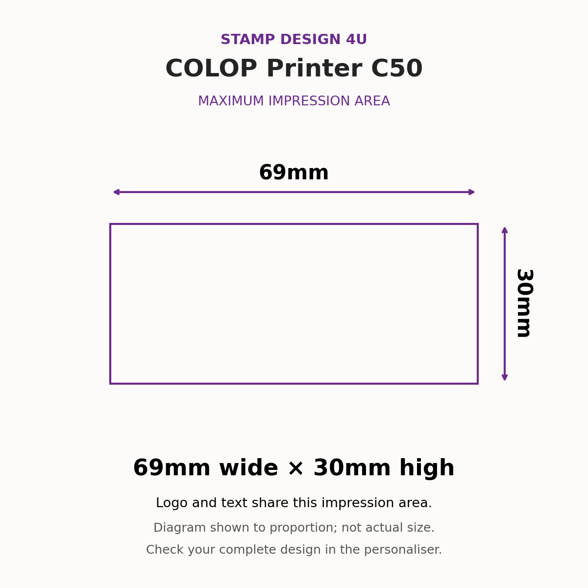 COLOP Printer C50 maximum impression area, 69mm wide by 30mm high; proportion diagram, not actual size