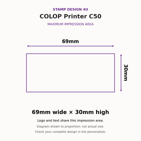 COLOP Printer C50 maximum impression area, 69mm wide by 30mm high; proportion diagram, not actual size