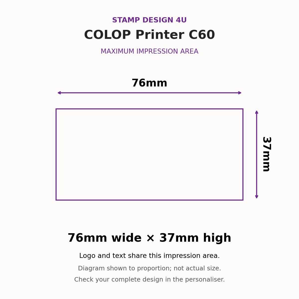 COLOP Printer C60 maximum impression area, 76mm wide by 37mm high; proportion diagram, not actual size