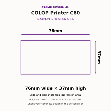 COLOP Printer C60 maximum impression area, 76mm wide by 37mm high; proportion diagram, not actual size