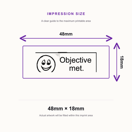 Objective Met Stamp | Self Inking Teacher Marking Stamp | Classroom Feedback Rubber Stamp – impression size guide 48mm × 18mm