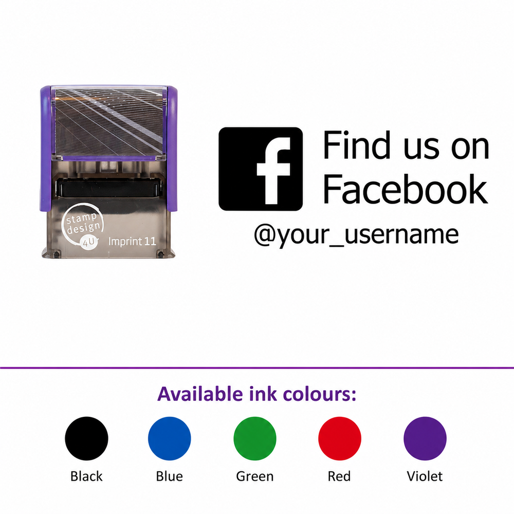 SD4U Imprint 11 | Find us on Facebook Social Media Rubber Stamp in 5 Ink Colours | 37 x 13mm – smaller stamp, enlarged isolated imprint and five available ink colours