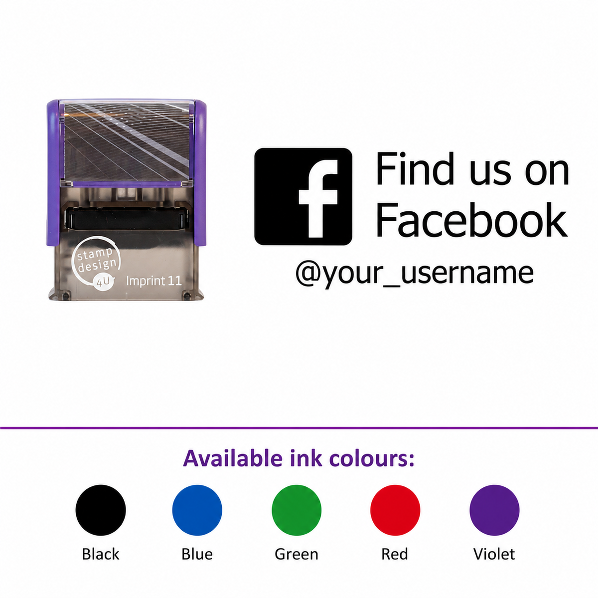 SD4U Imprint 11 | Find us on Facebook Social Media Rubber Stamp in 5 Ink Colours | 37 x 13mm – smaller stamp, enlarged isolated imprint and five available ink colours