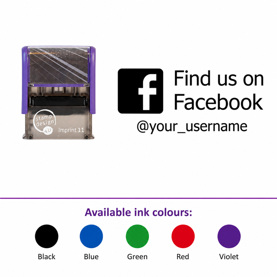 SD4U Imprint 11 | Find us on Facebook Social Media Rubber Stamp in 5 Ink Colours | 37 x 13mm – smaller stamp, enlarged isolated imprint and five available ink colours