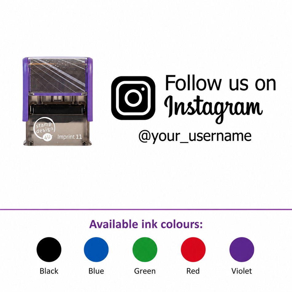 SD4U Imprint 11 | Follow us on Instagram Social Media Rubber Stamp in 5 Ink Colours| 37 x 13mm – smaller stamp, enlarged isolated imprint and five available ink colours
