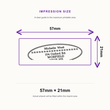 SD4U Imprint 13 | Name & Address with Border Rubber Stamp | 57 x 21mm – impression size guide 57mm × 21mm