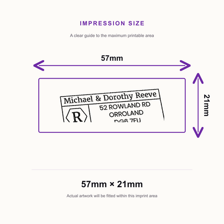 SD4U Imprint 13 | Name & Address Monogram Rubber Stamp | 57 x 21mm – impression size guide 57mm × 21mm