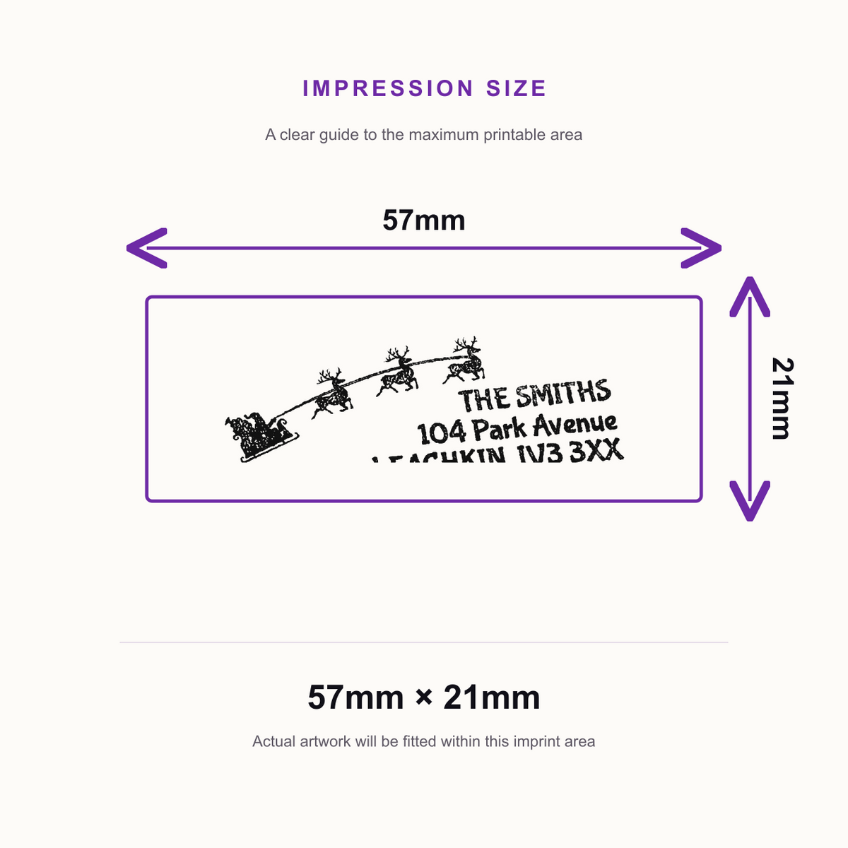 SD4U Imprint 13 | Santa's Sleigh Address or Message Rubber Stamp | 57 x 21mm – impression size guide 57mm × 21mm