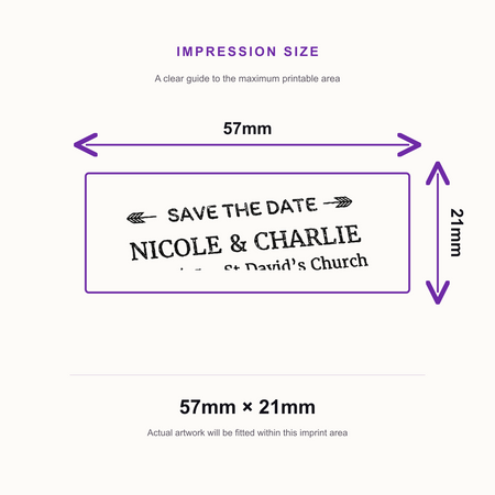 SD4U Imprint 13 | Save the Date Wedding Rubber Stamp | 57 x 21mm – impression size guide 57mm × 21mm
