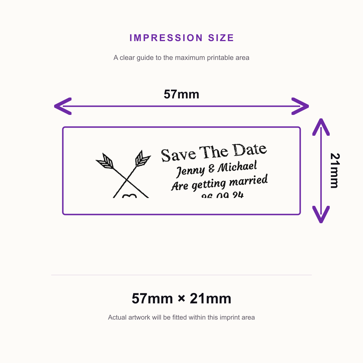 SD4U Imprint 13 | 4 Line Heart & Arrows Wedding Rubber Stamp | 57 x 21mm – impression size guide 57mm × 21mm