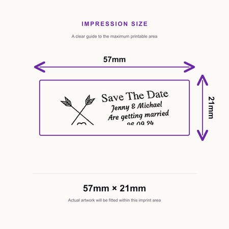 SD4U Imprint 13 | 4 Line Heart & Arrows Wedding Rubber Stamp | 57 x 21mm – impression size guide 57mm × 21mm