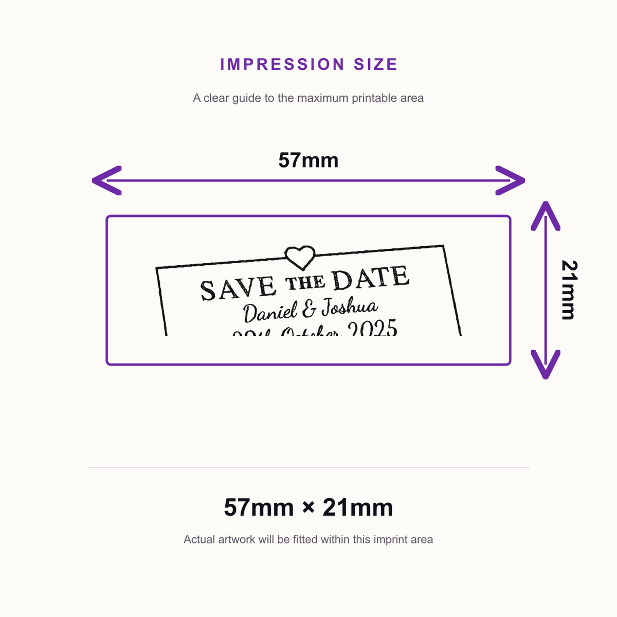 SD4U Imprint 13 | Save the Date Heart Wedding Rubber Stamp | 57 x 21mm – impression size guide 57mm × 21mm