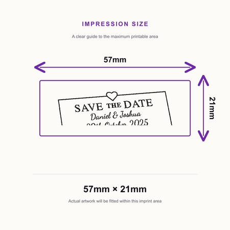 SD4U Imprint 13 | Save the Date Heart Wedding Rubber Stamp | 57 x 21mm – impression size guide 57mm × 21mm