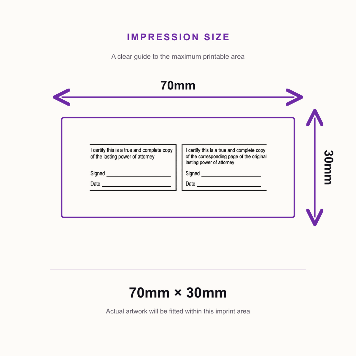 I certify Lasting Power of Attorney True Copy / Corresponding Page Stamps 2 Pack – impression size guide 70mm × 30mm