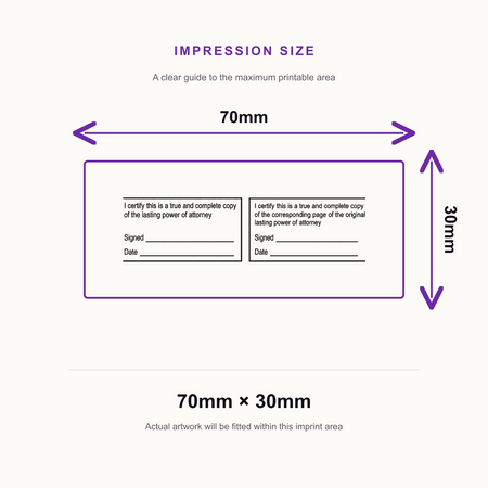 I certify Lasting Power of Attorney True Copy / Corresponding Page Stamps 2 Pack – impression size guide 70mm × 30mm