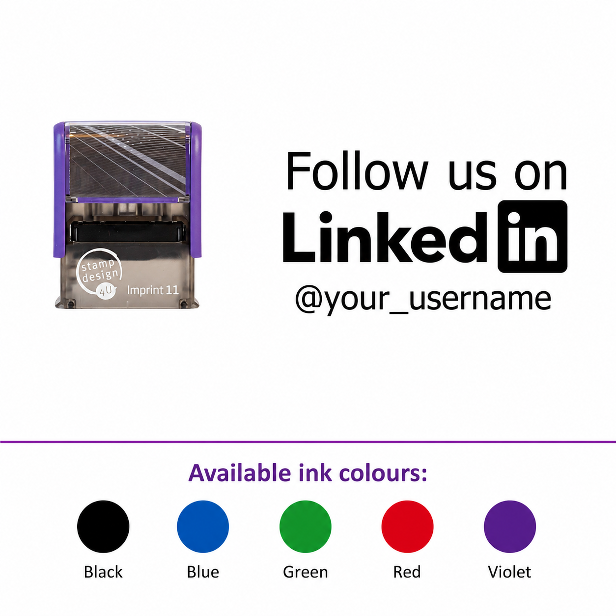 SD4U Imprint 11 | Follow us on LinkedIn Social Media Rubber Stamp in 5 Ink Colours | 37 x 13mm – smaller stamp, enlarged isolated imprint and five available ink colours