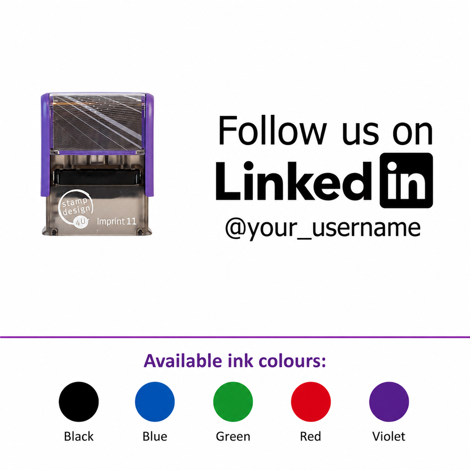 SD4U Imprint 11 | Follow us on LinkedIn Social Media Rubber Stamp in 5 Ink Colours | 37 x 13mm – smaller stamp, enlarged isolated imprint and five available ink colours