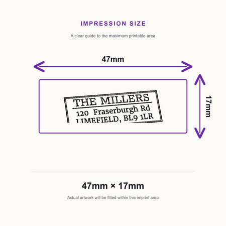 SD4U Imprint 12 | Border Address Rubber Stamp | 47 x 17mm – impression size guide 47mm × 17mm