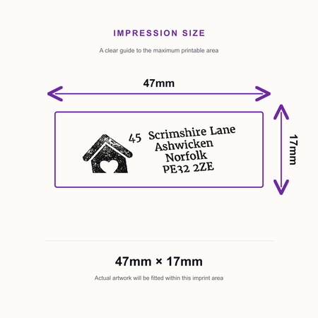 SD4U Imprint 12 | House Icon Address Rubber Stamp | 47 x 17mm – impression size guide 47mm × 17mm