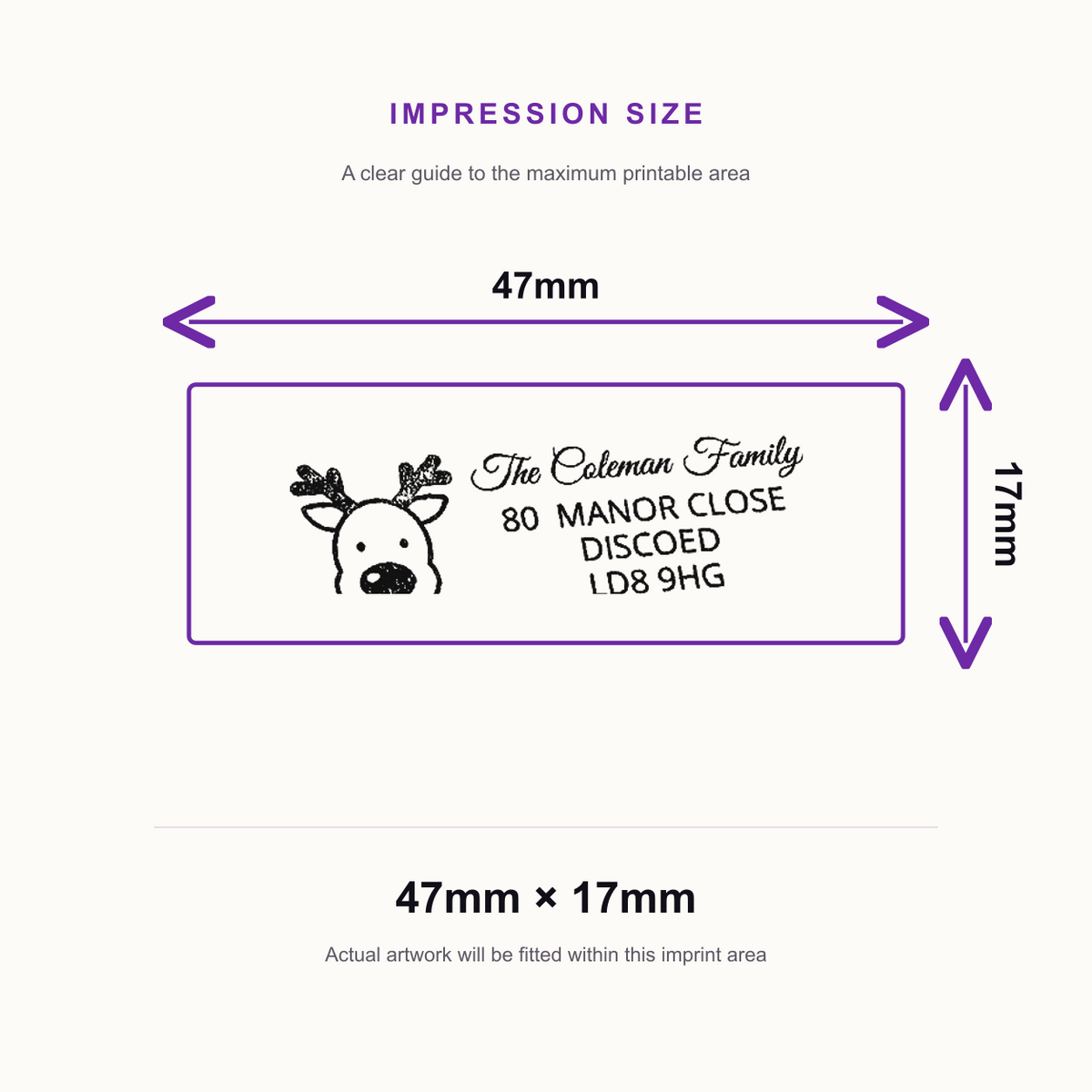 SD4U Imprint 12 | Reindeer Address Christmas Rubber Stamp | 47 x 17mm – impression size guide 47mm × 17mm