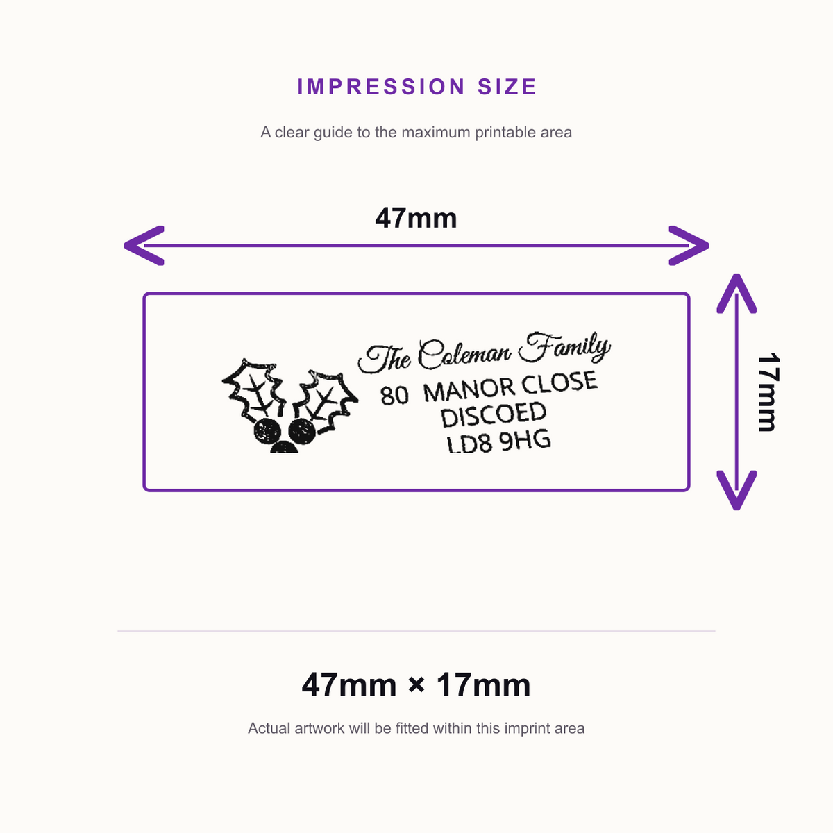 SD4U Imprint 12 | Holly Address Christmas Rubber Stamp | 47 x 17mm – impression size guide 47mm × 17mm