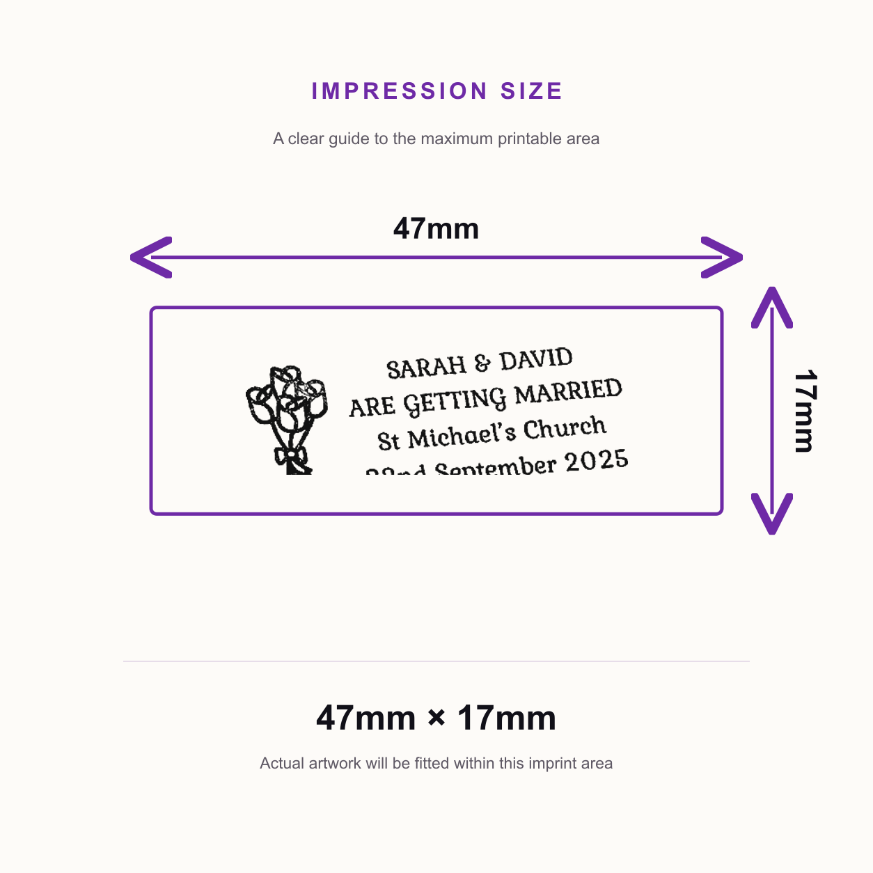 SD4U Imprint 12 | 4 Line Flowers Wedding Rubber Stamp | 47 x 17mm – impression size guide 47mm × 17mm