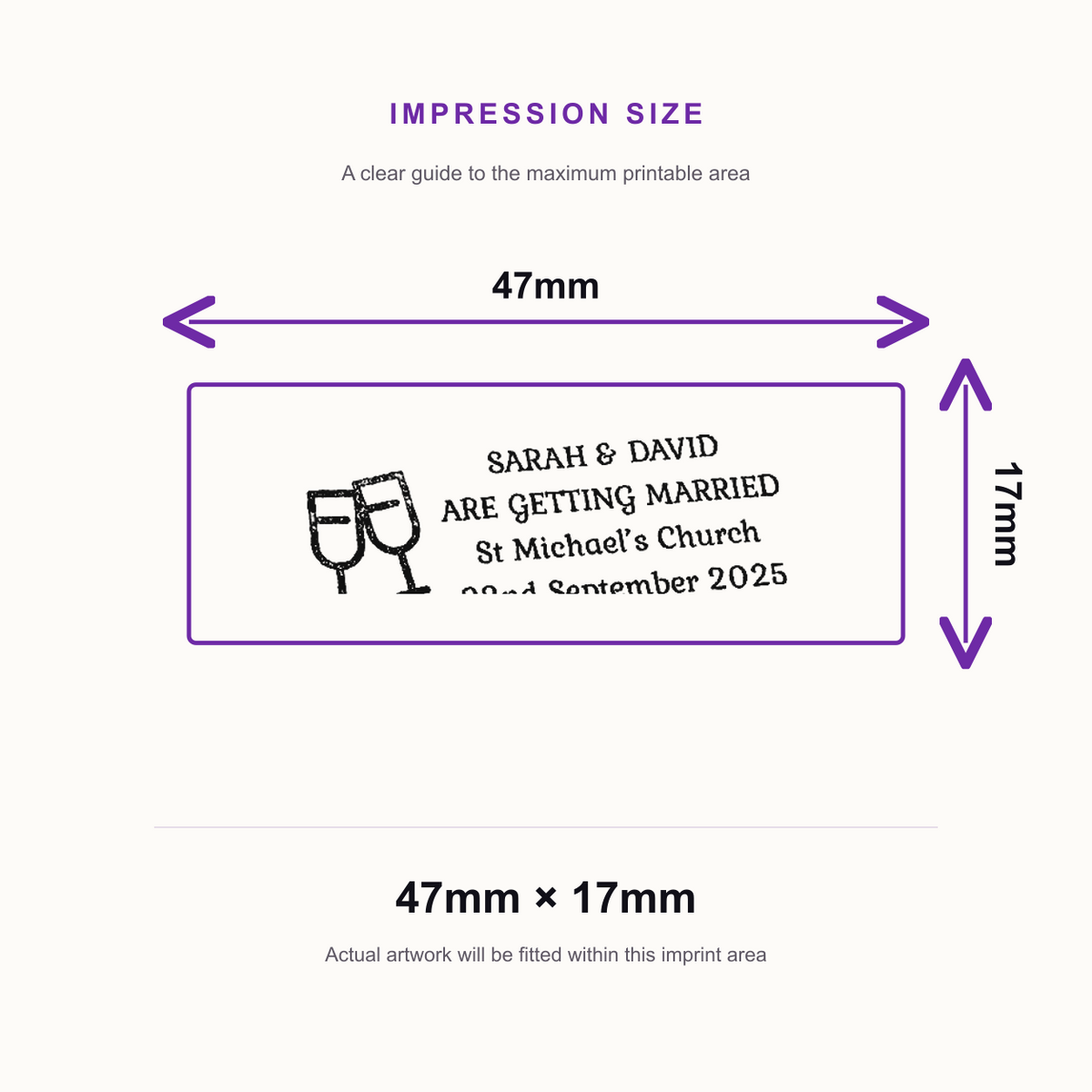 SD4U Imprint 12 | 4 Line Champagne Glass Wedding Rubber Stamp | 47 x 17mm – impression size guide 47mm × 17mm