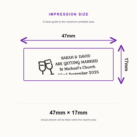 SD4U Imprint 12 | 4 Line Champagne Glass Wedding Rubber Stamp | 47 x 17mm – impression size guide 47mm × 17mm