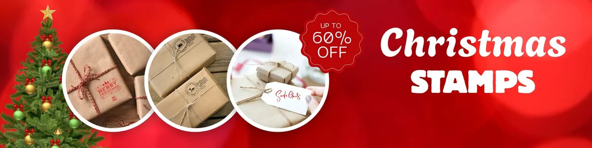Promotional banner for Christmas stamps with a red background, tree, and discount offer.