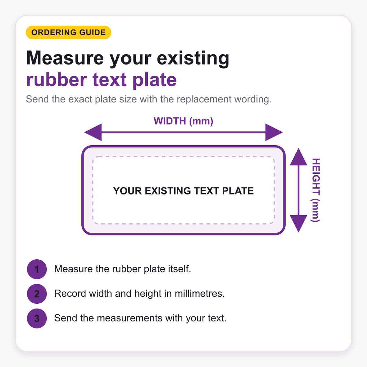 How to measure an existing rubber text plate by width and height in millimetres