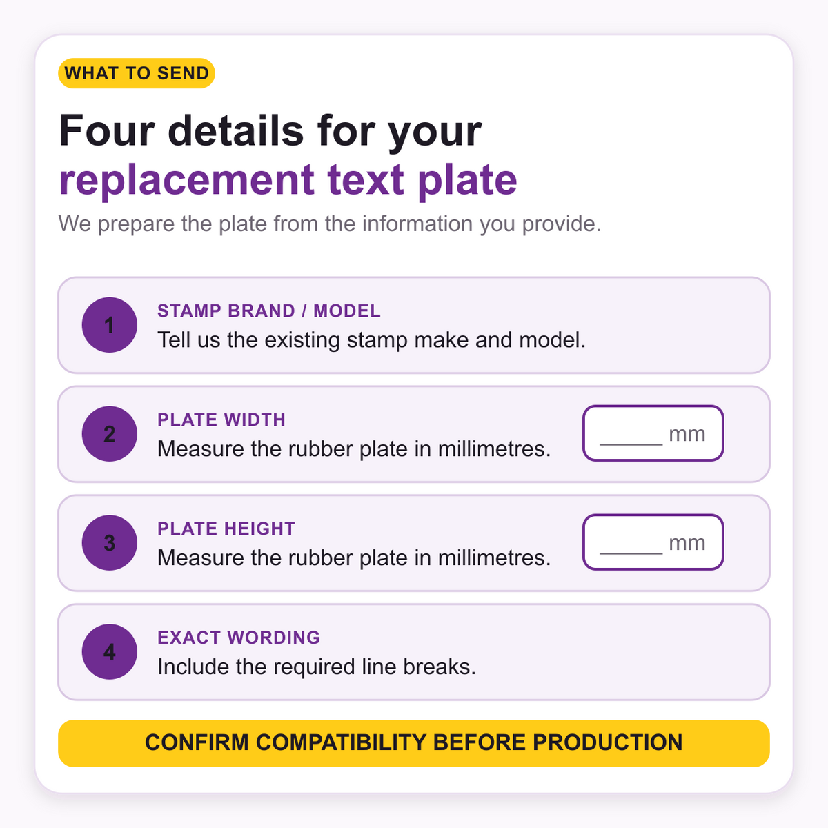 Replacement rubber text plate ordering checklist for stamp model, width, height and exact wording