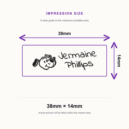 SD4U Imprint 11 | 2 Line 'Dog' Clothing Marker Rubber Stamp | 37 x 13mm – impression size guide 38mm × 14mm