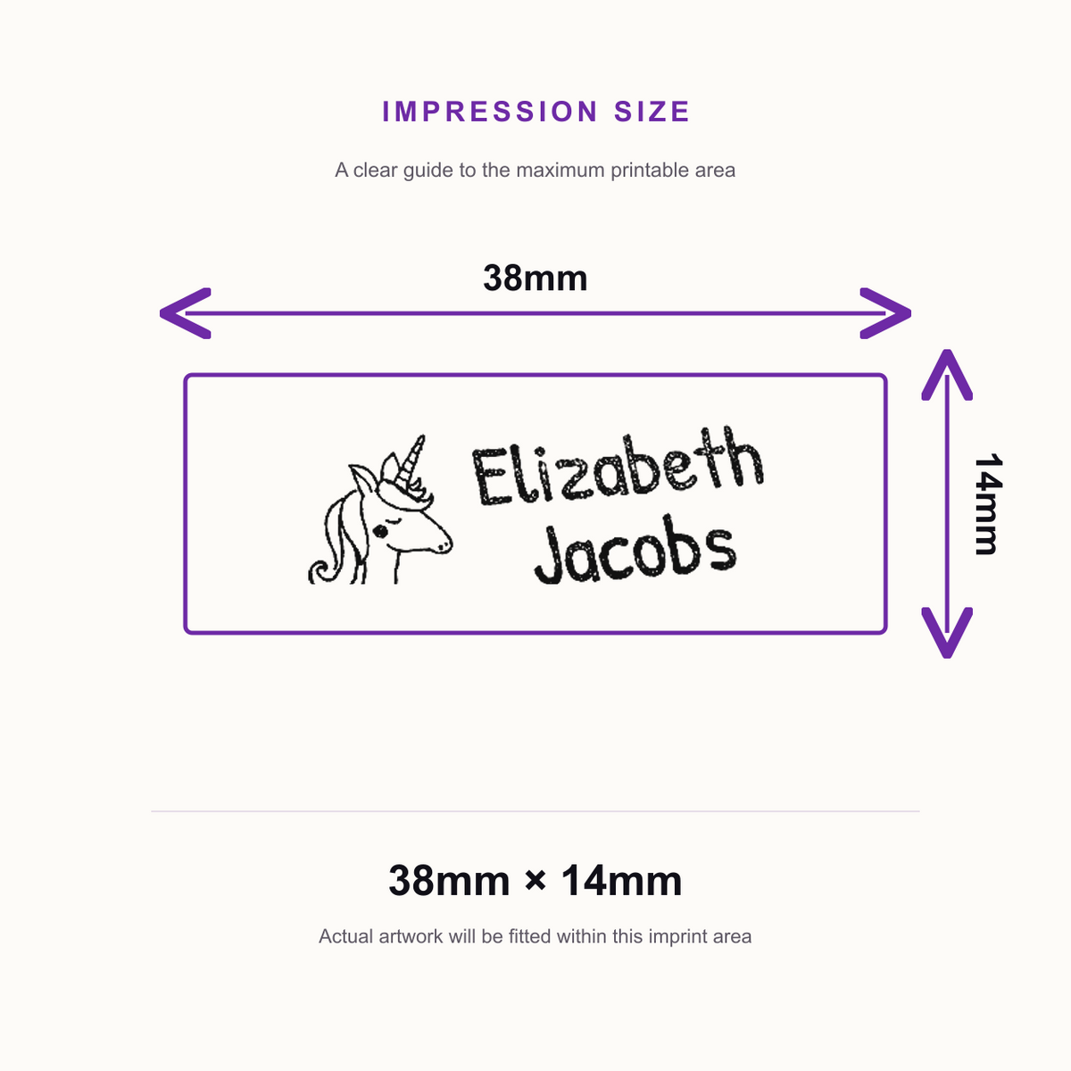 SD4U Imprint 11 | 2 Line 'Unicorn' Clothing Marker Rubber Stamp | 37 x 13mm – impression size guide 38mm × 14mm