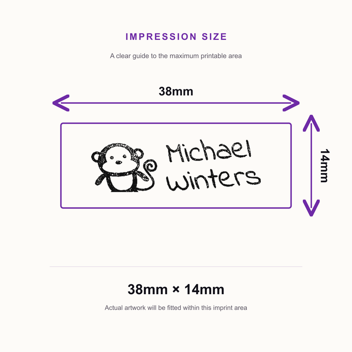 SD4U Imprint 11 | 2 Line 'Monkey' Clothing Marker Rubber Stamp | 37 x 13mm – impression size guide 38mm × 14mm