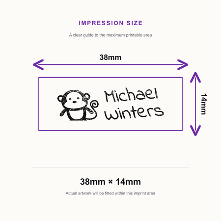 SD4U Imprint 11 | 2 Line 'Monkey' Clothing Marker Rubber Stamp | 37 x 13mm – impression size guide 38mm × 14mm