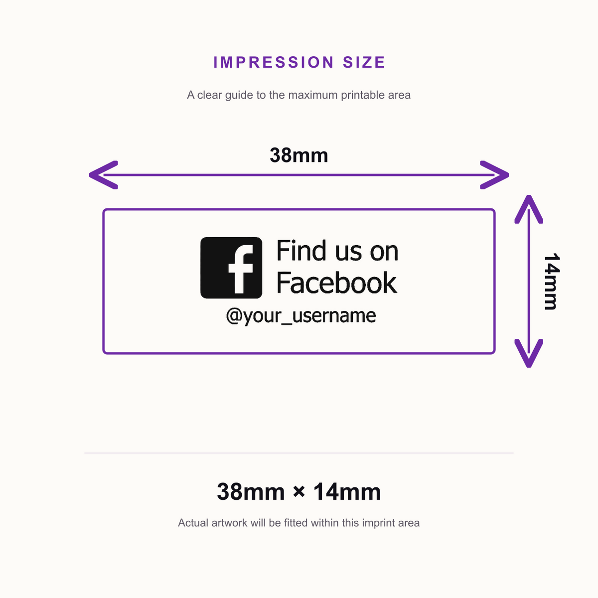 SD4U Imprint 11 | Find us on Facebook Social Media Rubber Stamp in 5 Ink Colours | 37 x 13mm – impression size guide 38mm × 14mm