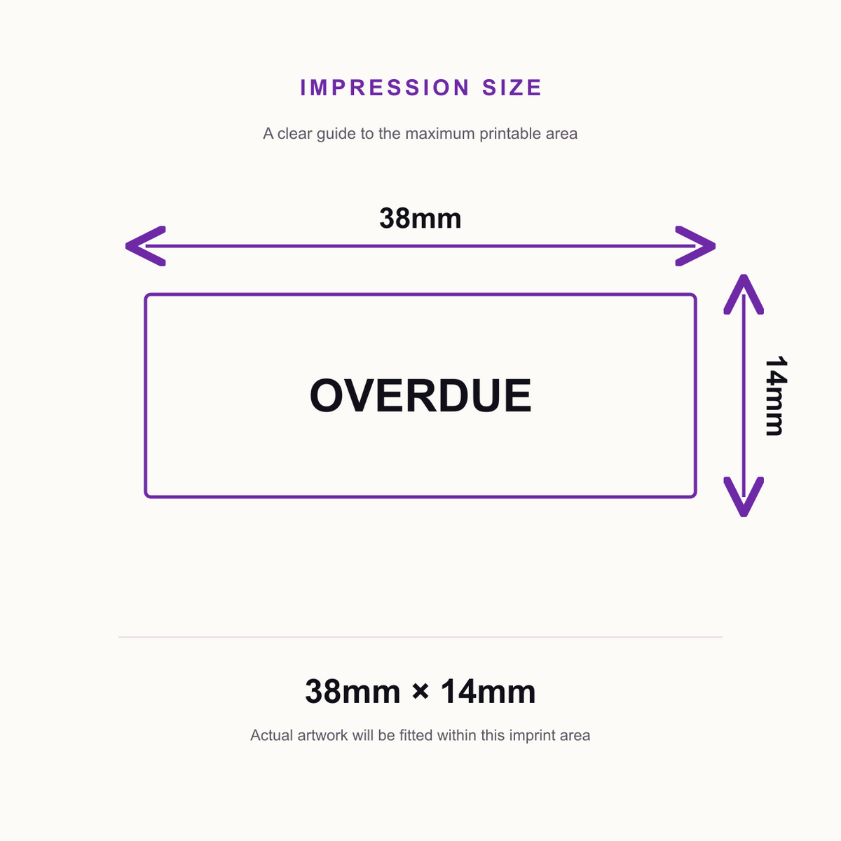 SD4U Imprint 11 OVERDUE Word Stamp in 5 Ink Colours | 38 x 14mm – impression size guide 38mm × 14mm