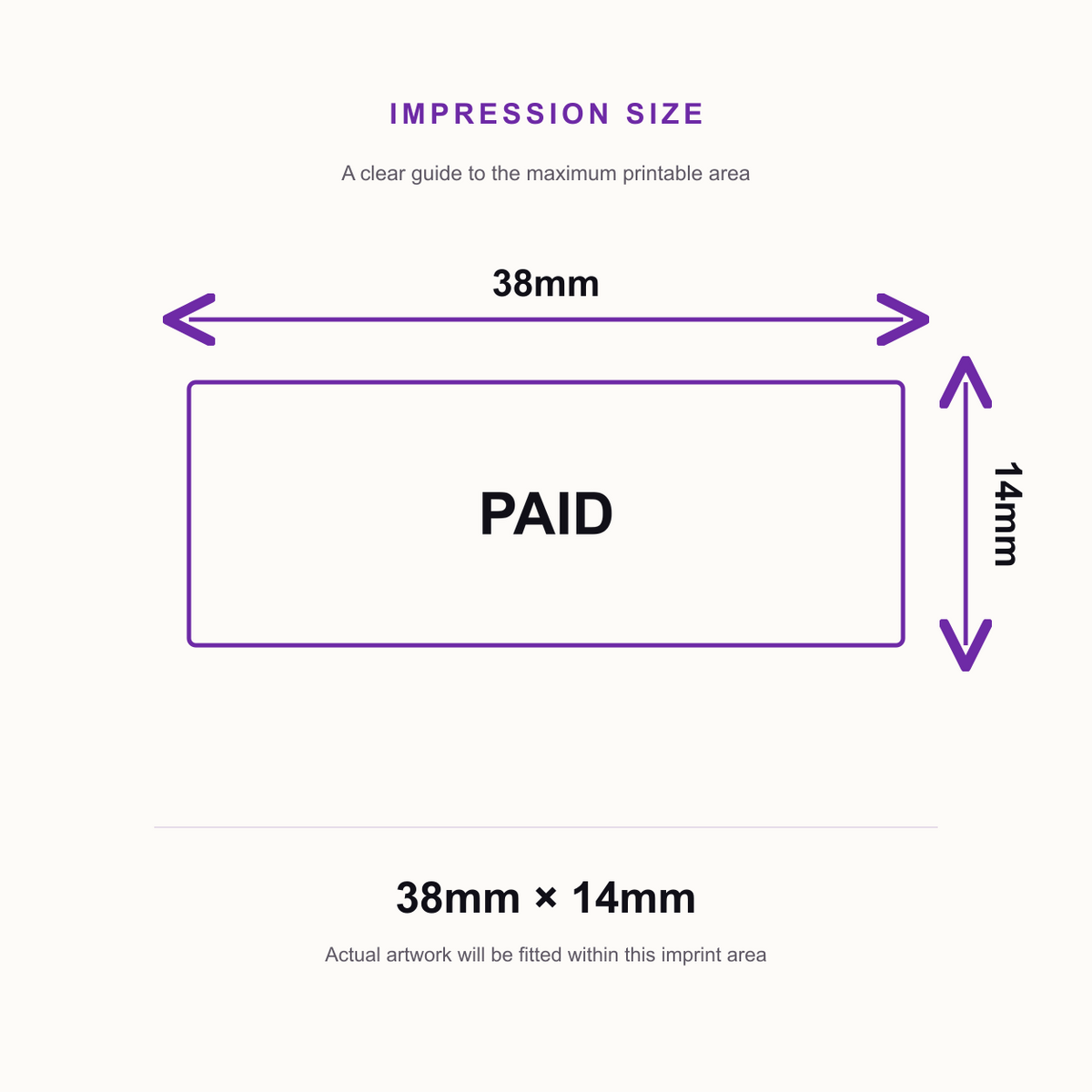 SD4U Imprint 11 PAID Word Stamp in 5 Ink Colours | 38 x 14mm – impression size guide 38mm × 14mm