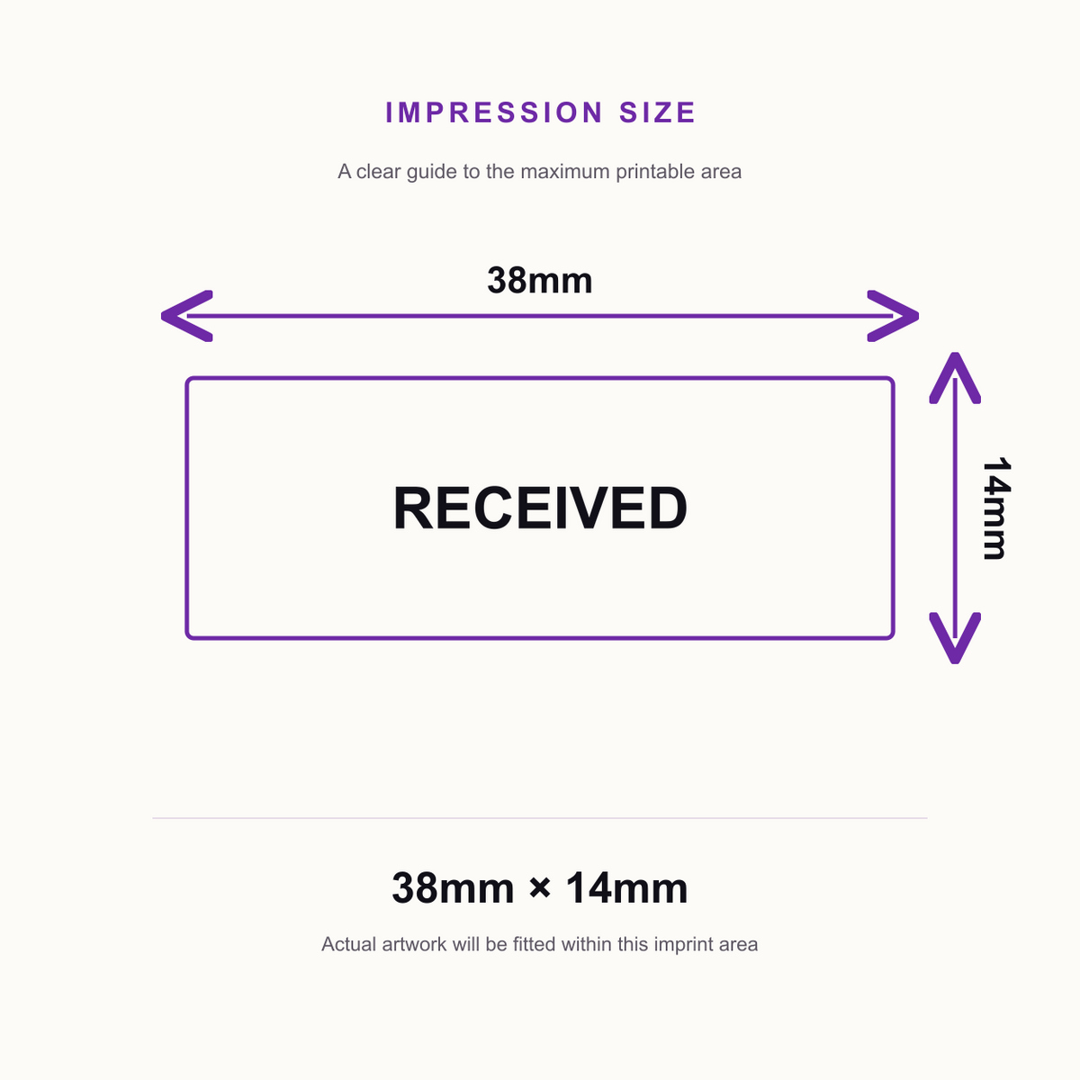 SD4U Imprint 11 RECEIVED Word Stamp in 5 Ink Colours | 38 x 14mm – impression size guide 38mm × 14mm